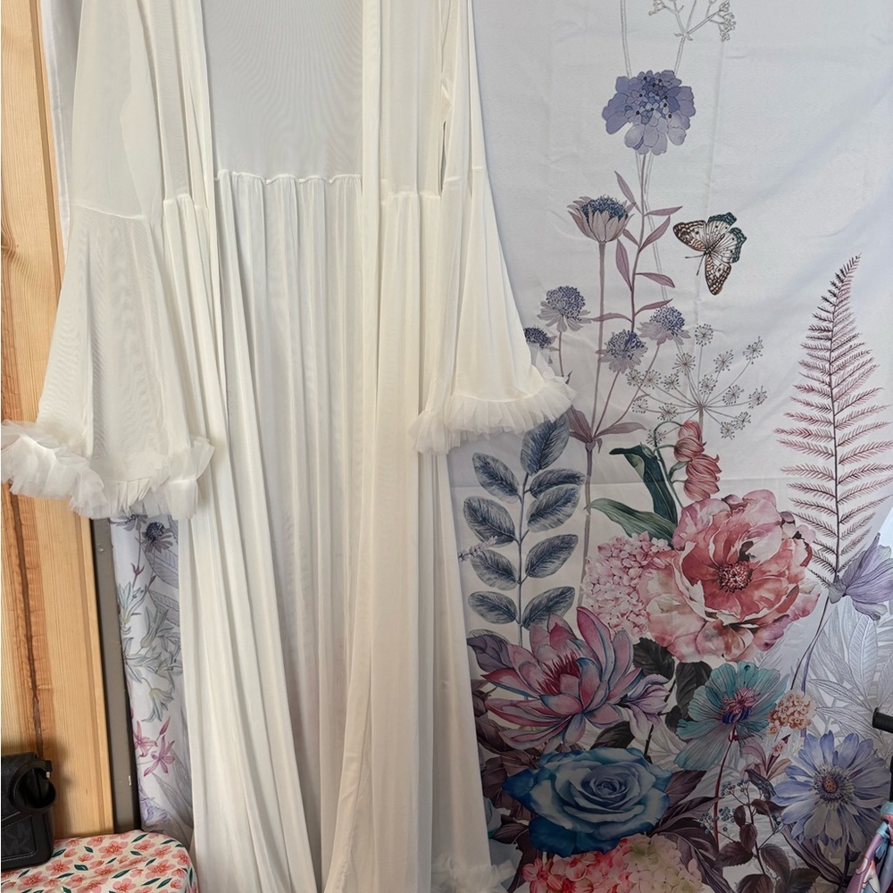 Sheer Ivory Bridal Robe with Ruffle Cuffs - Picture 2 of 4